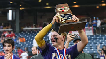 Purvis' Jojo Parker (1) celebrates the team's win after playing West Lauderdale during the MHSAA class 6A baseball championships at Trustmark Park in Pearl, Miss., Friday, June 2, 2023.