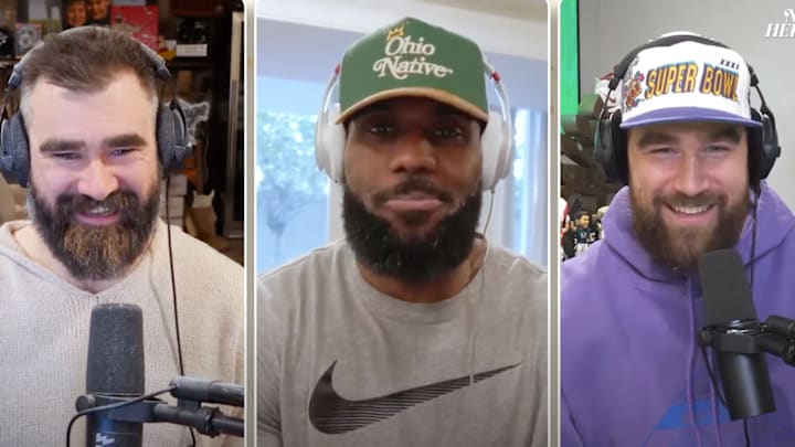 Jason Kelce, LeBron James and Travis Kelce talk on the "New Heights" podcast. Jason Kelce, LeBron James and Travis Kelce talk on the "New Heights" podcast.