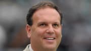 New York Jets general manager Mike Tannenbaum during the game against the Oakland Raiders at O.co Coliseum. 