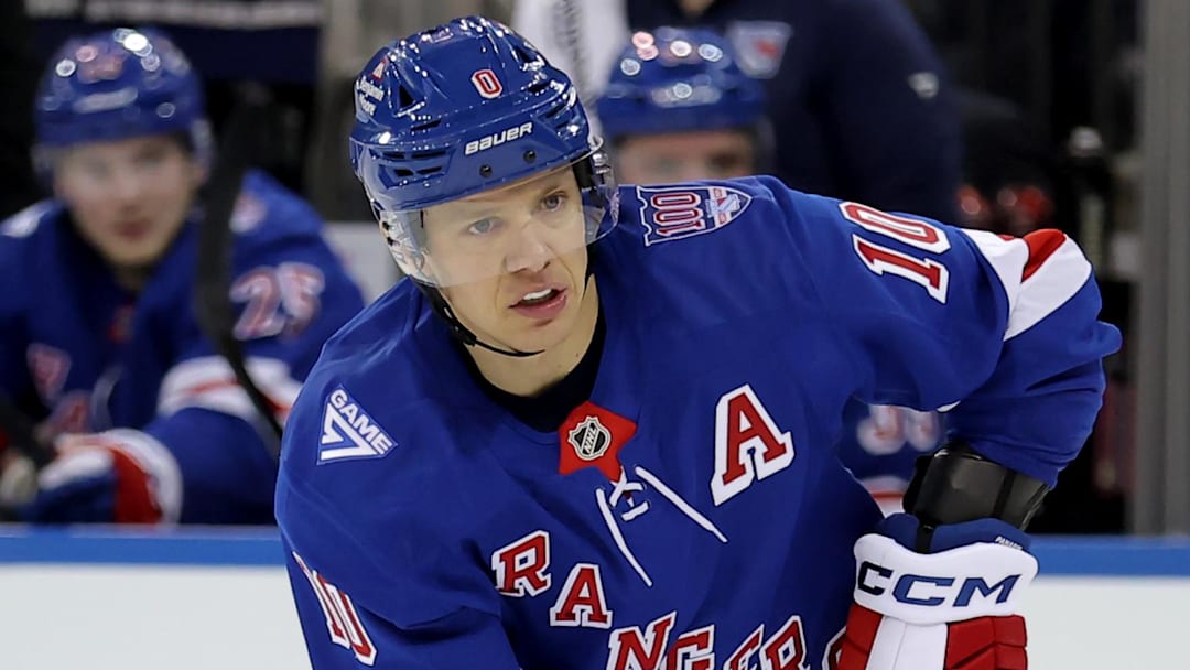 Jan 5, 2026; New York, New York, USA; New York Rangers left wing Artemi Panarin (10) skates with the puck against the Utah Mammoth during the second period at Madison Square Garden. Mandatory Credit: Brad Penner-Imagn Images