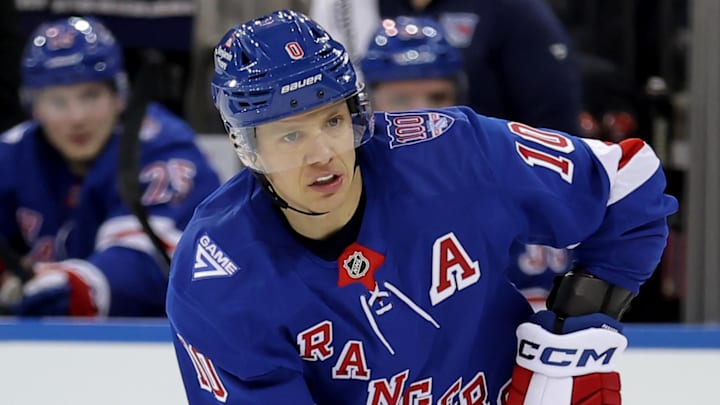 Jan 5, 2026; New York, New York, USA; New York Rangers left wing Artemi Panarin (10) skates with the puck against the Utah Mammoth during the second period at Madison Square Garden. Mandatory Credit: Brad Penner-Imagn Images
