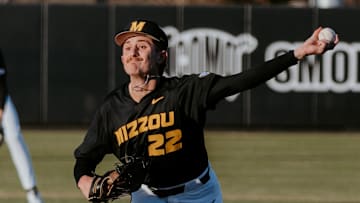 Missouri left-hander Kadden Drew pitches from the mound against the Binghamton Bearcats. 