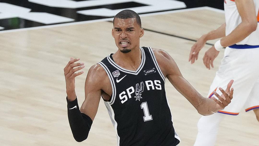 Jun 3, 2026; San Antonio, Texas, USA; San Antonio Spurs forward Victor Wembanyama (1) reacts to a call during the second quarter against the New York Knicks during game one of the 2026 NBA Finals at Frost Bank Center. Mandatory Credit: Scott Wachter-Imagn Images
