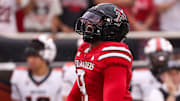 Texas Tech's Romello Height reacts to a play against Oregon State during a non-conference football game, Saturday, Sept. 13, 2025, at Jones AT&T Stadium.
