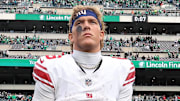 New York Giants quarterback Jaxson Dart (6) looks on after a loss to the Philadelphia Eagles at Lincoln Financial Field.  