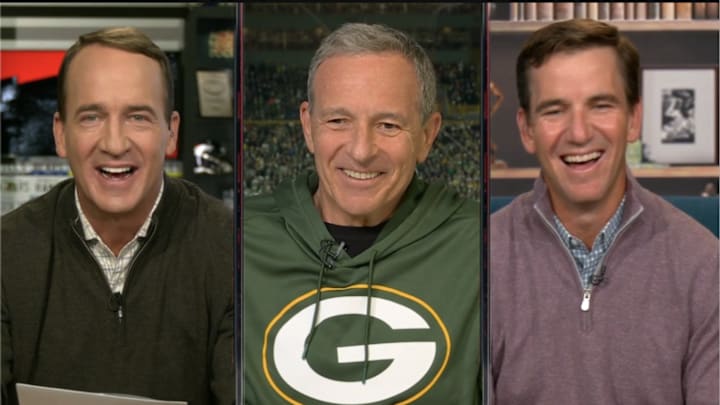 Disney CEO Bob Iger joined Peyton Manning and Eli Manning on the ManningCast during Week 10’s edition of “Monday Night Football.” Disney CEO Bob Iger joined Peyton Manning and Eli Manning on the ManningCast during Week 10’s edition of “Monday Night Football.”
