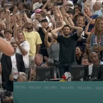 Team USA guard Stephen Curry celebrates after hitting a three-pointer against France in the gold medal game at the 2024 Summer Olympics in Paris.