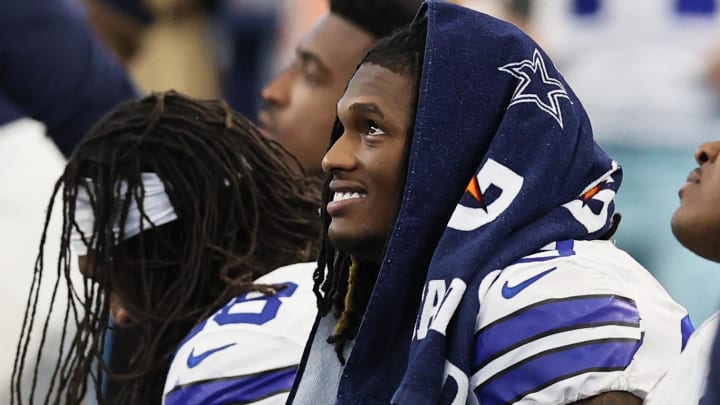 Nov 14, 2021; Arlington, Texas, USA; Dallas Cowboys receiver CeeDee Lamb (88) smiles while on the bench in the second half against the Atlanta Falcons at AT&T Stadium. 