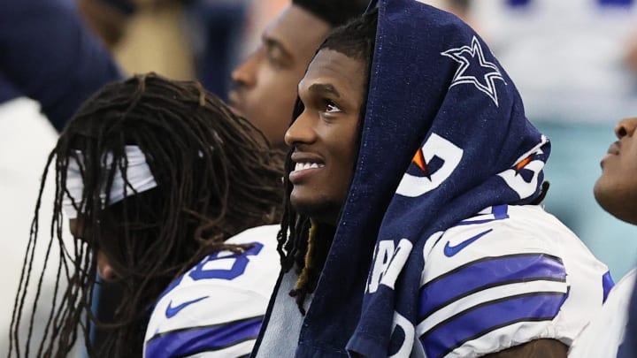 Nov 14, 2021; Arlington, Texas, USA; Dallas Cowboys receiver CeeDee Lamb (88) smiles while on the bench in the second half against the Atlanta Falcons at AT&T Stadium. 