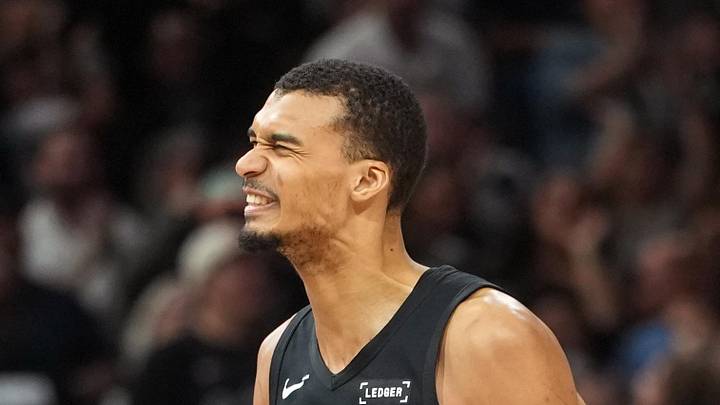 Mar 6, 2026; San Antonio, Texas, USA; San Antonio Spurs forward Victor Wembanyama (1) reacts during the second half against the Los Angeles Clippers at Frost Bank Center. Mandatory Credit: Scott Wachter-Imagn Images