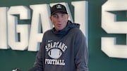 Michigan State offensive coordinator Brian Lindgren talks to the media on Oct. 21, 2025, a couple of days ahead of a game against the Michigan Wolverines.