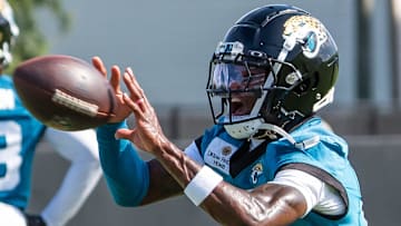 Jacksonville Jaguars wide receiver Travis Hunter (12) runs a passing drill during the Jacksonville Jaguars’ third mandatory minicamp Thursday June 12, 2025 at the Miller Electric Center in Jacksonville, Fla. [Doug Engle/Florida Times-Union]