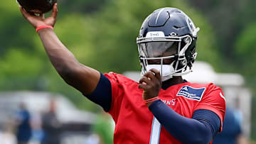 Tennessee Titans quarterback Cam Ward (1) passes during an NFL football minicamp camp practice at Ascension Saint Thomas Sports Park Thursday, June 12, 2025, in Nashville, Tenn.