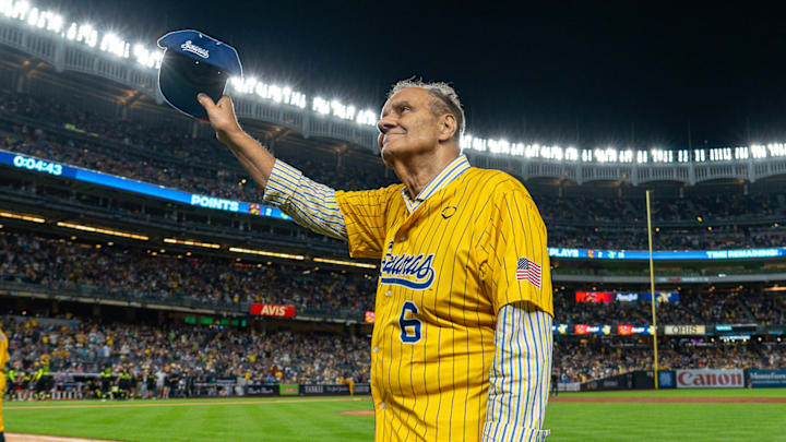 Joe Torre raises his cap to a sold out crowd at Yankees Stadium as he coaches 1st base for the Savannah Bananas - Savannah Bananas Twitter Page: @TheSavBananas Joe Torre raises his cap to a sold out crowd at Yankees Stadium as he coaches 1st base for the Savannah Bananas - Savannah Bananas Twitter Page: @TheSavBananas