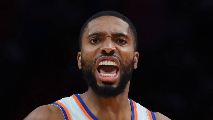 Oct 26, 2025; Miami, Florida, USA; New York Knicks guard Mikal Bridges (25) reacts against the Miami Heat during the first quarter at Kaseya Center. Mandatory Credit: Sam Navarro-Imagn Images