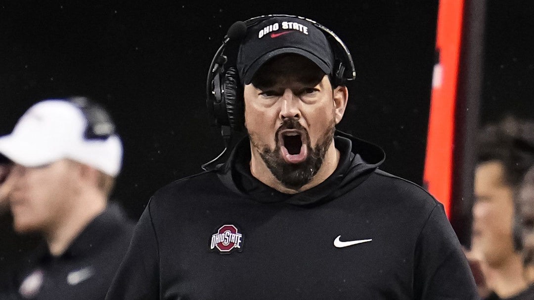 Ohio State Buckeyes head coach Ryan Day yells during the NCAA football game against the UCLA Bruins at Ohio Stadium in Columbus on Nov. 15, 2025.