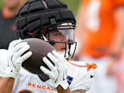 Cincinnati Bengals wide receiver Andrei Iosivas (80) catches a pass at the Chicago Bears Halas Hall practice facility in Lake Forest, Ill., on Thursday, Aug. 15, 2024.