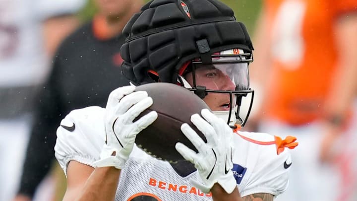 Cincinnati Bengals wide receiver Andrei Iosivas (80) catches a pass at the Chicago Bears Halas Hall practice facility in Lake Forest, Ill., on Thursday, Aug. 15, 2024.