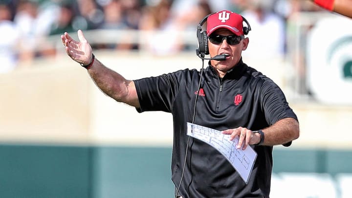 Oct 21, 2017; East Lansing, MI, USA; Indiana Hoosiers head coach Tom Allen reacts to a play during the first quarter of a game against the Michigan State Spartans at Spartan Stadium. Mandatory Credit: Mike Carter-USA TODAY Sports