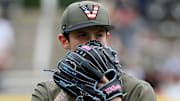 Vanderbilt pitcher Connor Fennell (39) throw to a Georgia batter during the first inning of an NCAA college baseball game at Hawkins Field Saturday, April 19, 2025, in Nashville, Tenn.