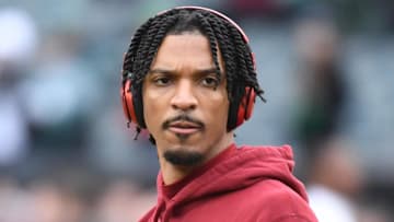 Jan 26, 2025; Philadelphia, PA, USA; Washington Commanders quarterback Jayden Daniels (5) during warmups against the Philadelphia Eagles in the NFC Championship game at Lincoln Financial Field. Mandatory Credit: Eric Hartline-Imagn Images