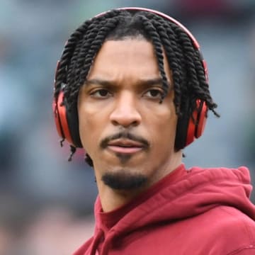 Jan 26, 2025; Philadelphia, PA, USA; Washington Commanders quarterback Jayden Daniels (5) during warmups against the Philadelphia Eagles in the NFC Championship game at Lincoln Financial Field. Mandatory Credit: Eric Hartline-Imagn Images