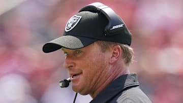 Aug 29, 2021; Santa Clara, California, USA; Las Vegas Raiders head coach Jon Gruden walks on the field during a break in the action against the San Francisco 49ers in the second quarter at Levi's Stadium.