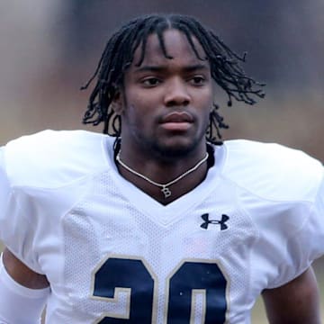 Sophomore cornerback Benjamin Morrison (20) walks into spring practice Saturday, March 25, 2023, at Notre Dame in South Bend.

Nd Fb Practice 03252023