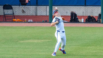 Florida's outfielder Hayden Yost (16) with the throw to second from the outfield Friday, May 3, 2024, at Condron Family Ballpark in Gainesville, Florida. The Gators fell to Tennessee 6-2 in the first game of the doubleheader. [Cyndi Chambers/ Gainesville Sun] 2024
