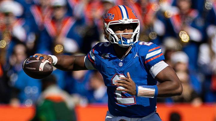 Nov 23, 2024; Gainesville, Florida, USA; Florida Gators quarterback DJ Lagway (2) throws the ball against the Mississippi Rebels during the first half at Ben Hill Griffin Stadium. Mandatory Credit: Matt Pendleton-Imagn Images