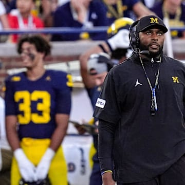 Michigan head coach Sherrone Moore looks up during the first half against Fresno State at Michigan Stadium at Michigan Stadium in Ann Arbor on Saturday, Aug. 31, 2024.