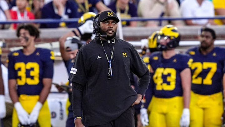 Michigan head coach Sherrone Moore looks up during the first half against Fresno State at Michigan Stadium at Michigan Stadium in Ann Arbor on Saturday, Aug. 31, 2024.