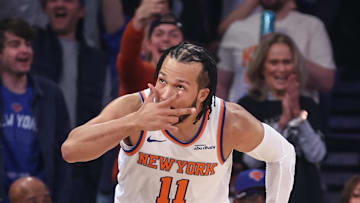 Apr 19, 2025; New York, New York, USA; New York Knicks guard Jalen Brunson (11) gestures after making a three-point shot in Game One of the First Round of the NBA Playoffs against the Detroit Pistons at Madison Square Garden. Mandatory Credit: Wendell Cruz-Imagn Images