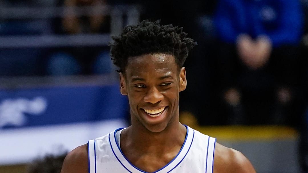Jan 14, 2026; Provo, Utah, USA; BYU Cougars forward AJ Dybantsa (3) reacts during the second half against the TCU Horned Frogs at Marriott Center. Mandatory Credit: Aaron Baker-Imagn Images