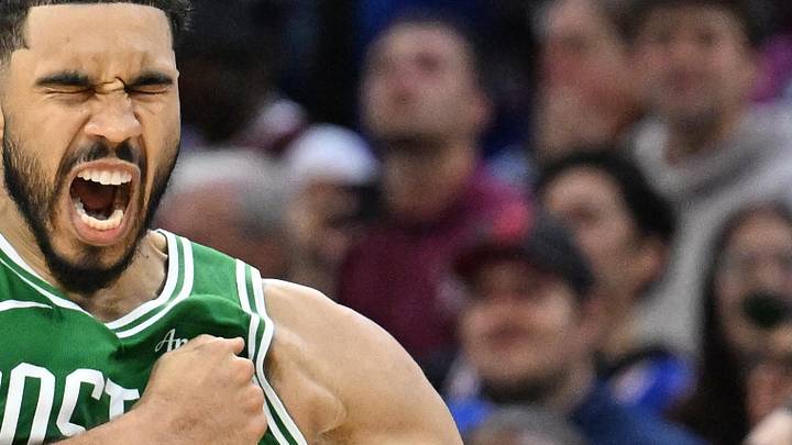 Apr 24, 2026; Philadelphia, Pennsylvania, USA; Boston Celtics forward Jayson Tatum (0) celebrates his three point basket against the Philadelphia 76ers late in the fourth quarter at Xfinity Mobile Arena. Mandatory Credit: Eric Hartline-Imagn Images