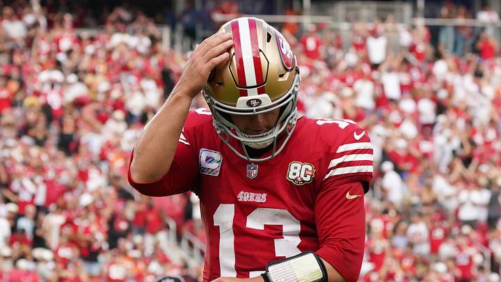 Santa Clara, California, USA;  San Francisco 49ers quarterback Brock Purdy (13) reacts after throwing a touchdown passes against the Denver Broncos during the second half that Levi's Stadium.  Mandatory Credit: David Gonzales-Imagn Images
