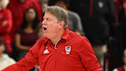 Mar 24, 2025; Raleigh, North Carolina, USA; NC State Wolfpack head coach Wes Moore argues a call during the first half at James T. Valvano Arena at William Neal Reynolds. Mandatory Credit: William Howard-Imagn Images