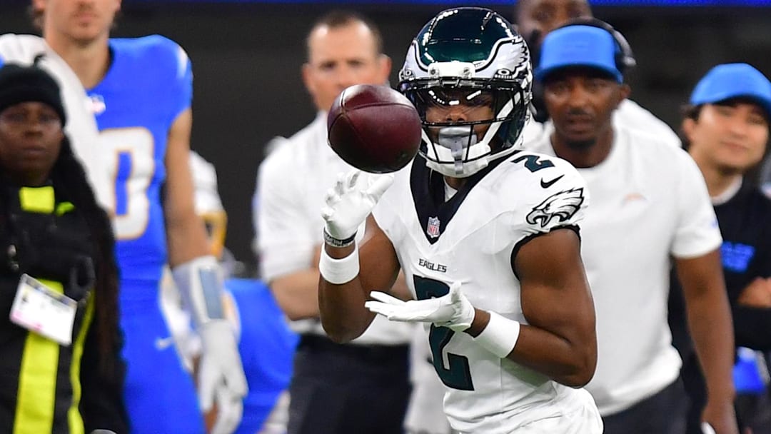 Dec 8, 2025; Inglewood, California, USA; Philadelphia Eagles wide receiver Jahan Dotson (2) catches a pass against the Los Angeles Chargers in the first half at SoFi Stadium.