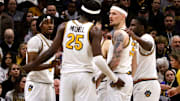 Feb. 9, 2025; Columbia, Missouri, USA; Missouri Tigers guard Anthony Robinson II, forward Mark Mitchell, guard Jacob Crews and guard Marques Warrick (left to right) against the Texas A&M Aggies at Mizzou Arena. / Amber Winkler/ Missouri On SI