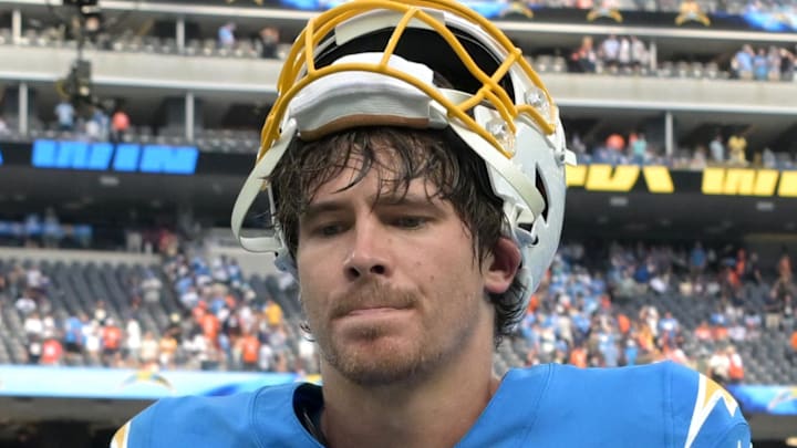 Sep 21, 2025; Inglewood, California, USA;  Los Angeles Chargers quarterback Justin Herbert (10) leaves the field after defeating the Denver Broncos 23-20 at SoFi Stadium. Mandatory Credit: Jayne Kamin-Oncea-Imagn Images