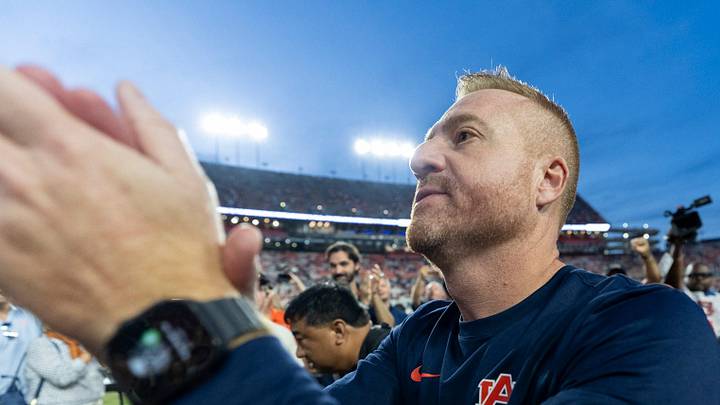 Auburn Tigers head coach Alex Golesh celebrates with fans as Auburn Tigers take on Vanderbilt Commodores at Jordan-Hare Stadium in Auburn, Ala. on Saturday, Sept. 26, 2026. Auburn Tigers defeated Vanderbilt Commodores 21-15.