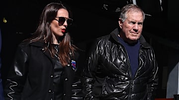 North Carolina head coach Bill Belichick and girlfriend Jordon Hudson at Notre Dame Fighting Irish and Navy Midshipmen game