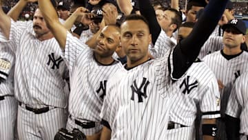 Yankees Derek Jeter and the rest of the New York Yankees thank their fans after the final game at Yankee Stadium Sept. 21, 2008.