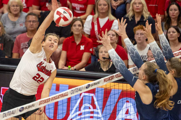 Lindsay Krause swings for a kill vs. Creighton Tuesday.