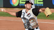 Erie SeaWolves pitcher Blake Holub throws against the Akron RubberDucks at UPMC Park in Erie on June 30, 2023.