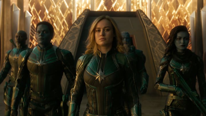 Marvel Studios' CAPTAIN MARVEL..L to R: Korath (Djimon Hounsou), Att-Lass (Algenis Perez Soto), Carol Danvers/Captain Marvel (Brie Larson), Bron-Char (Rune Temte) and Minn-Erva (Gemma Chan) ..Photo: Film Frame..©Marvel Studios 2019