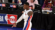 Apr 21, 2025; New York, New York, USA; Detroit Pistons guard Dennis Schroder (17) celebrates his three point shot against the New York Knicks during the fourth quarter of game two of the first round of the 2024 NBA Playoffs at Madison Square Garden. Mandatory Credit: Brad Penner-Imagn Images
