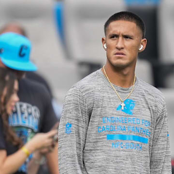 Aug 8, 2025; Charlotte, North Carolina, USA; Carolina Panthers wide receiver Tetairoa McMillan (4) during pregame warm ups against the Cleveland Browns at Bank of America Stadium. Mandatory Credit: Jim Dedmon-Imagn Images