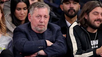 Jan 30, 2024; New York, New York, USA; New York Knicks executive chairman James Dolan sits court side during the first quarter against the Utah Jazz at Madison Square Garden. Mandatory Credit: Brad Penner-Imagn Images