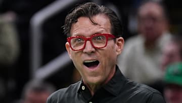 Atlanta Hawks head coach Quin Snyder reacts to a call against the Boston Celtics.